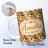 Personalized Custom Name Style Cats Autumn Leaves Seamless Pattern Warm Orange Background 11oz Ceramic Coffee Tea Mug White Large Handle