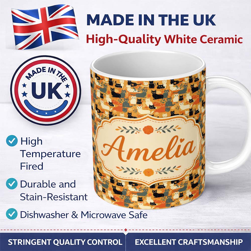 Personalized Custom Name Style Cats Autumn Leaves Seamless Pattern Warm Orange Background 11oz Ceramic Coffee Tea Mug White Large Handle