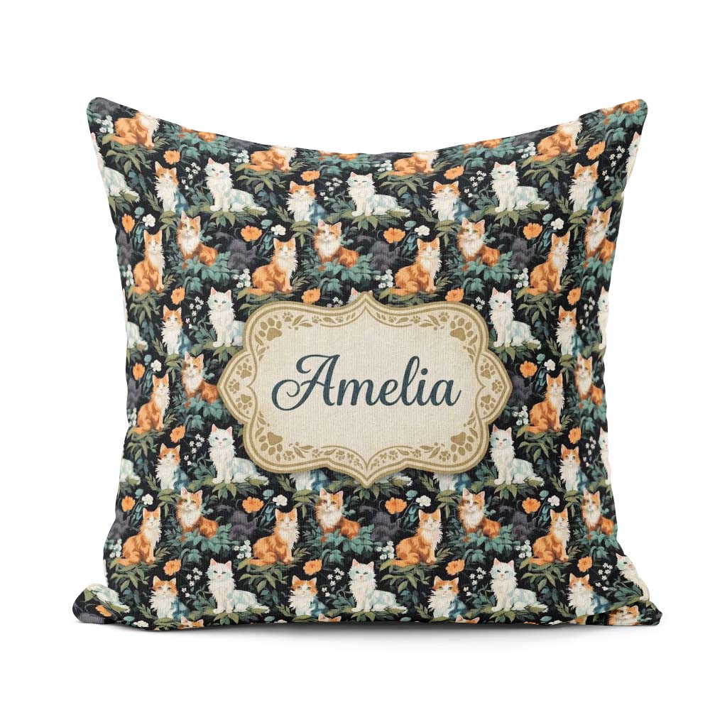 Custom Name Cute Floral Garden Cats with Dark Botanical Seamless Square Filled Cushion Throw Pillow Sofa Bed Home Decor Zip Washable UK Made