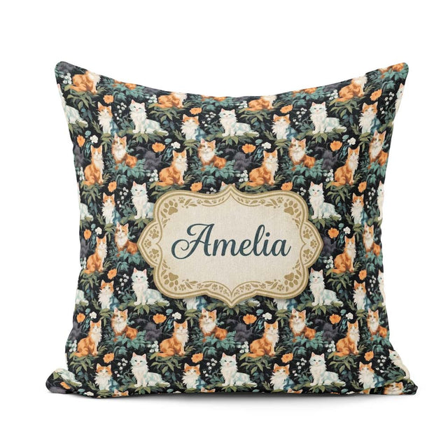 Custom Name Cute Floral Garden Cats with Dark Botanical Seamless Square Filled Cushion Throw Pillow Sofa Bed Home Decor Zip Washable UK Made