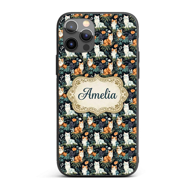 Cute Floral Garden Cats with Dark Printed Design Custom Name Protective Phone Case Mobile Cover Durable Everyday Smartphone Shock Resistant
