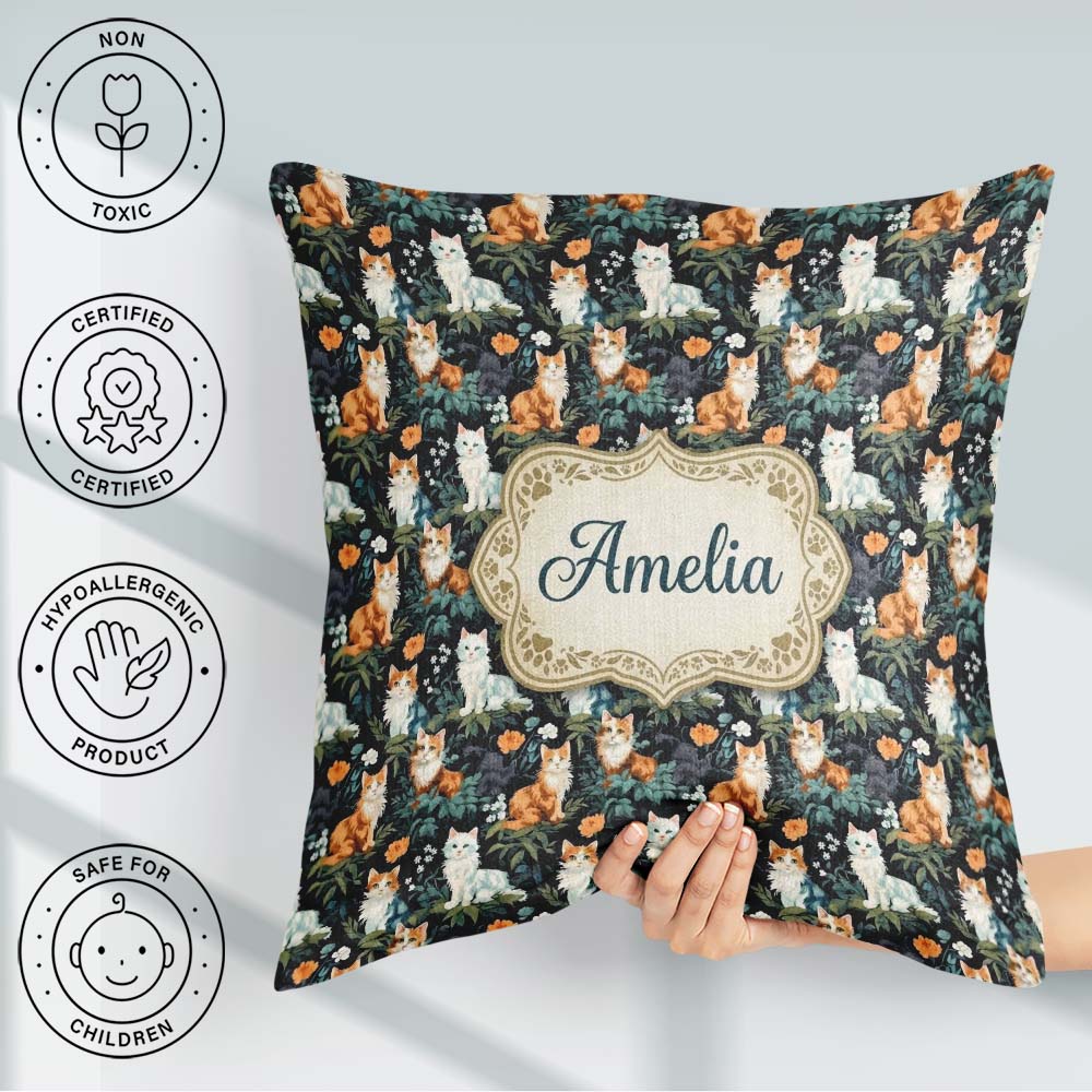 Custom Name Cute Floral Garden Cats with Dark Botanical Seamless Square Filled Cushion Throw Pillow Sofa Bed Home Decor Zip Washable UK Made