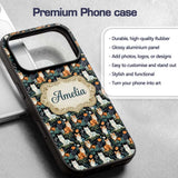 Cute Floral Garden Cats with Dark Printed Design Custom Name Protective Phone Case Mobile Cover Durable Everyday Smartphone Shock Resistant