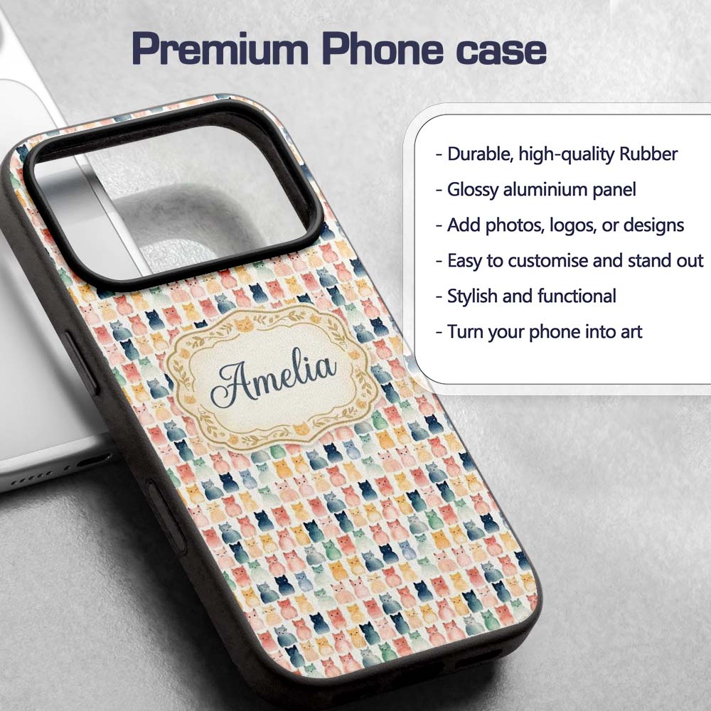Pastel Watercolor Cute Cats Repeating Pattern Custom Name Protective Phone Case Mobile Cover Durable Everyday Smartphone Shock Resistant