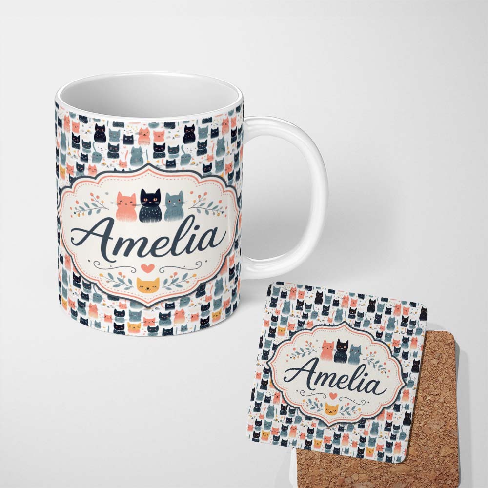 Personalized Custom Name Playful Cartoon Cats with Hearts and Doodles Seamless Pattern Name 11oz Ceramic Coffee Tea Mug White Large Handle