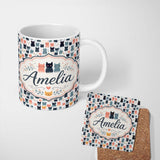 Personalized Custom Name Playful Cartoon Cats with Hearts and Doodles Seamless Pattern Name 11oz Ceramic Coffee Tea Mug White Large Handle