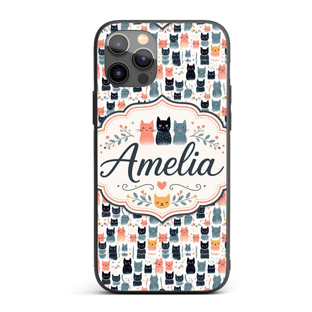 Playful Cartoon Cats with Hearts and Doodles Custom Name Protective Phone Case Mobile Cover Durable Everyday Smartphone Shock Resistant