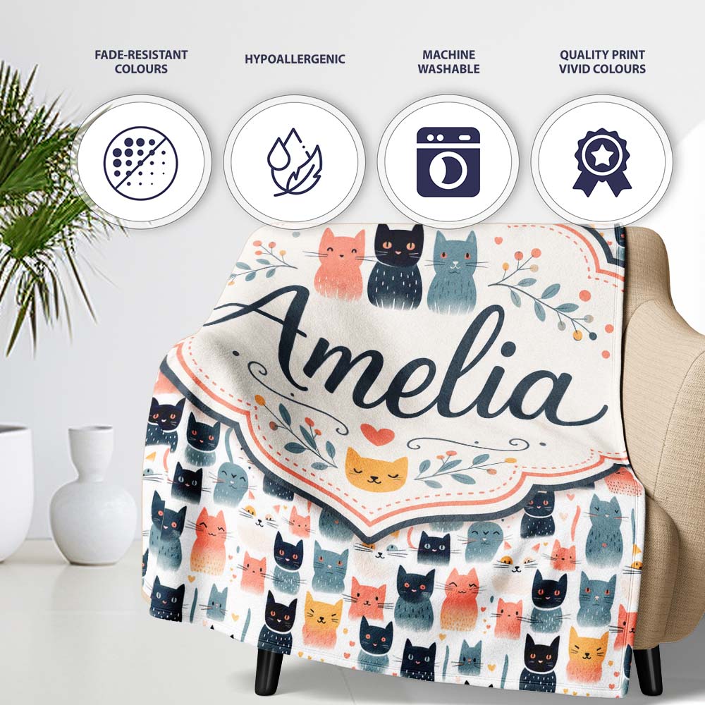 Playful Cartoon Cats with Hearts and Doodles Seamless Pattern Name  Personalised Custom Name Super Soft Fleece Blanket Bed Sofa Throw