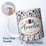 Personalized Custom Name Playful Cartoon Cats with Hearts and Doodles Seamless Pattern Name 11oz Ceramic Coffee Tea Mug White Large Handle