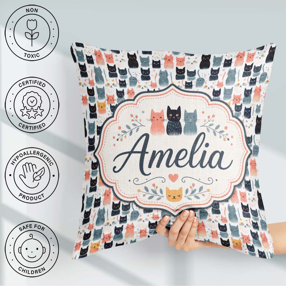 Custom Name Playful Cartoon Cats with Hearts and Doodles Pattern Square Filled Cushion Throw Pillow Sofa Bed Home Decor Zip Washable UK Made