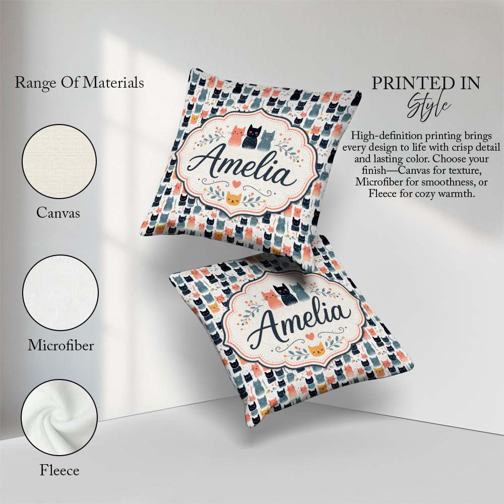 Custom Name Playful Cartoon Cats with Hearts and Doodles Pattern Square Filled Cushion Throw Pillow Sofa Bed Home Decor Zip Washable UK Made