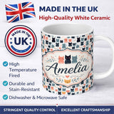 Personalized Custom Name Playful Cartoon Cats with Hearts and Doodles Seamless Pattern Name 11oz Ceramic Coffee Tea Mug White Large Handle