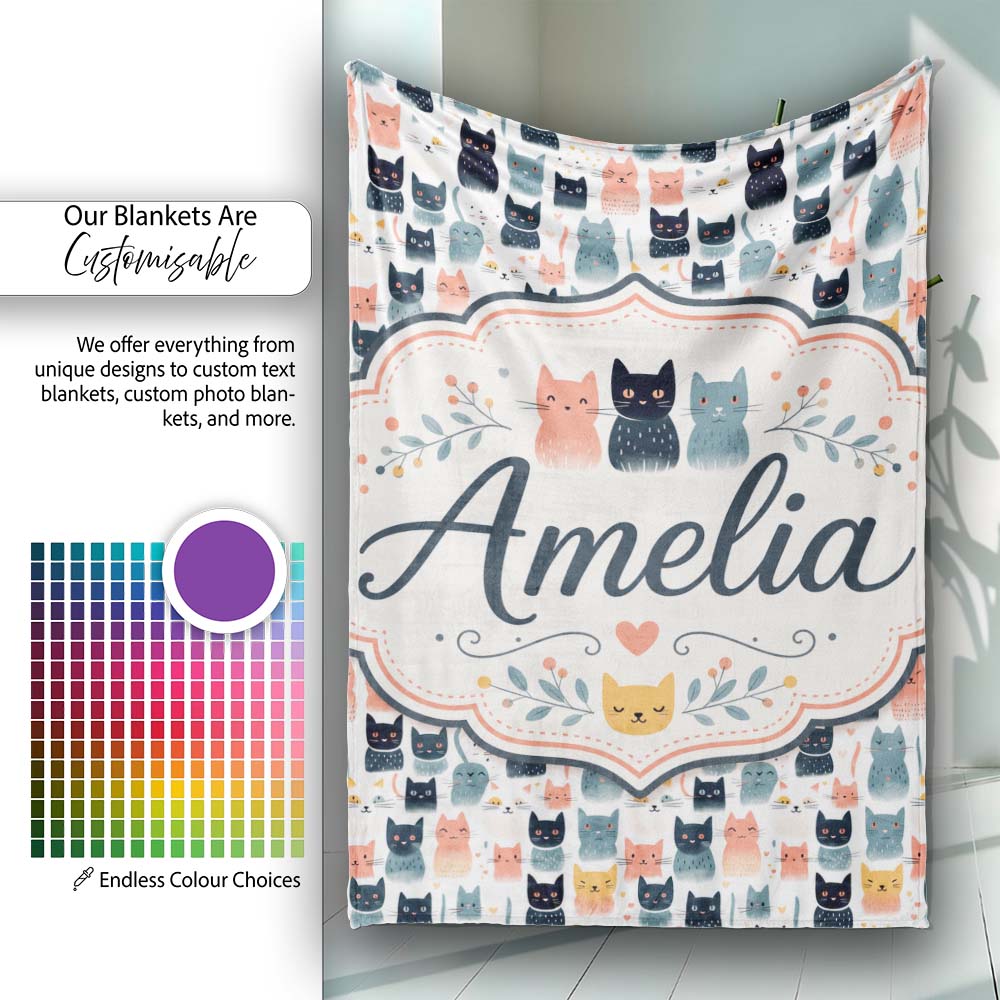 Playful Cartoon Cats with Hearts and Doodles Seamless Pattern Name  Personalised Custom Name Super Soft Fleece Blanket Bed Sofa Throw