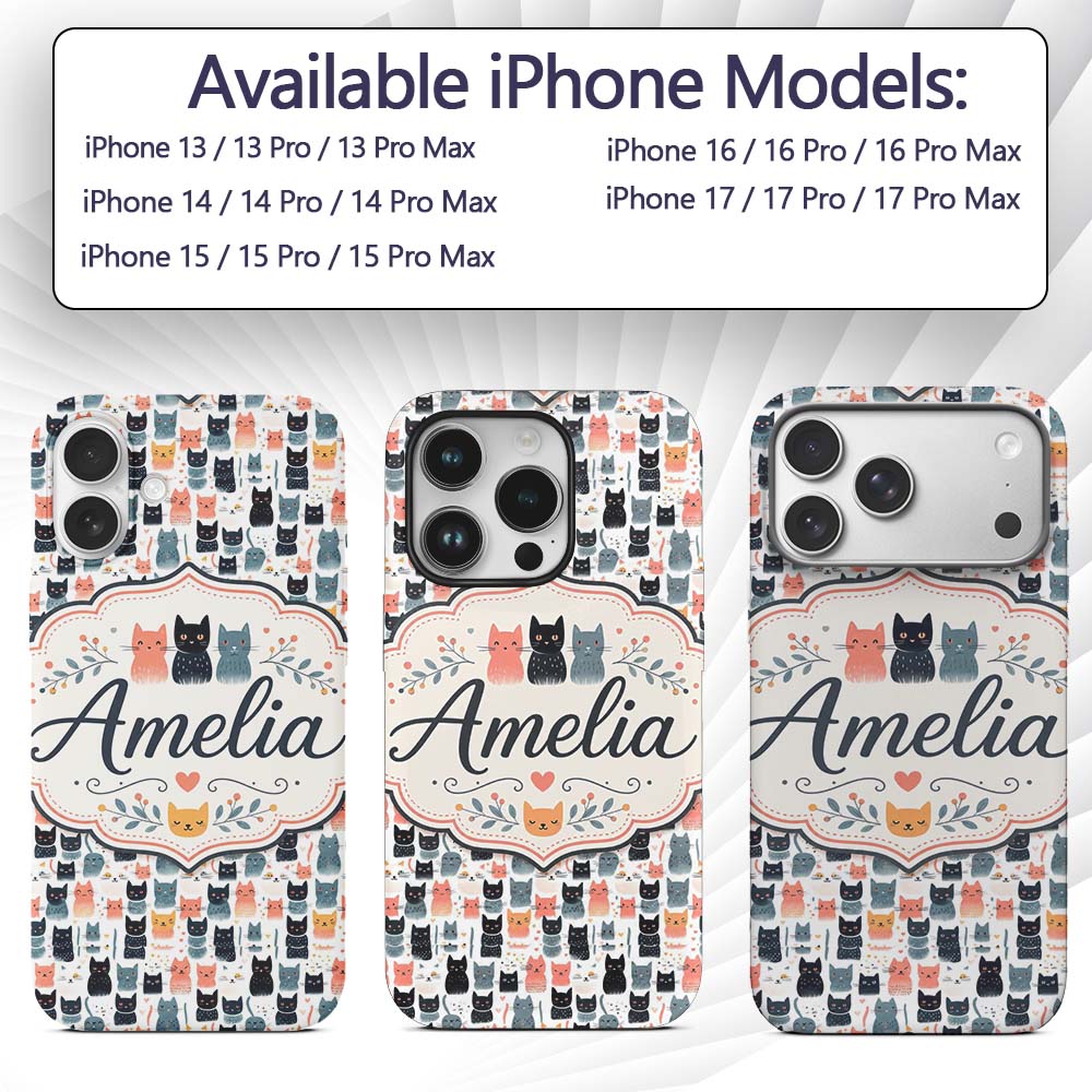 Playful Cartoon Cats with Hearts and Doodles Custom Name Protective Phone Case Mobile Cover Durable Everyday Smartphone Shock Resistant