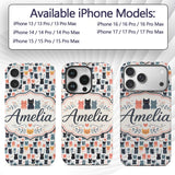 Playful Cartoon Cats with Hearts and Doodles Custom Name Protective Phone Case Mobile Cover Durable Everyday Smartphone Shock Resistant