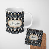 Personalized Custom Name Elegant Antelope Skull Chevron Pattern Dark Background Seamless 11oz Ceramic Coffee Tea Mug White Large Handle
