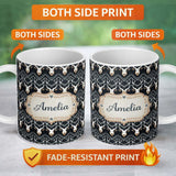 Personalized Custom Name Elegant Antelope Skull Chevron Pattern Dark Background Seamless 11oz Ceramic Coffee Tea Mug White Large Handle
