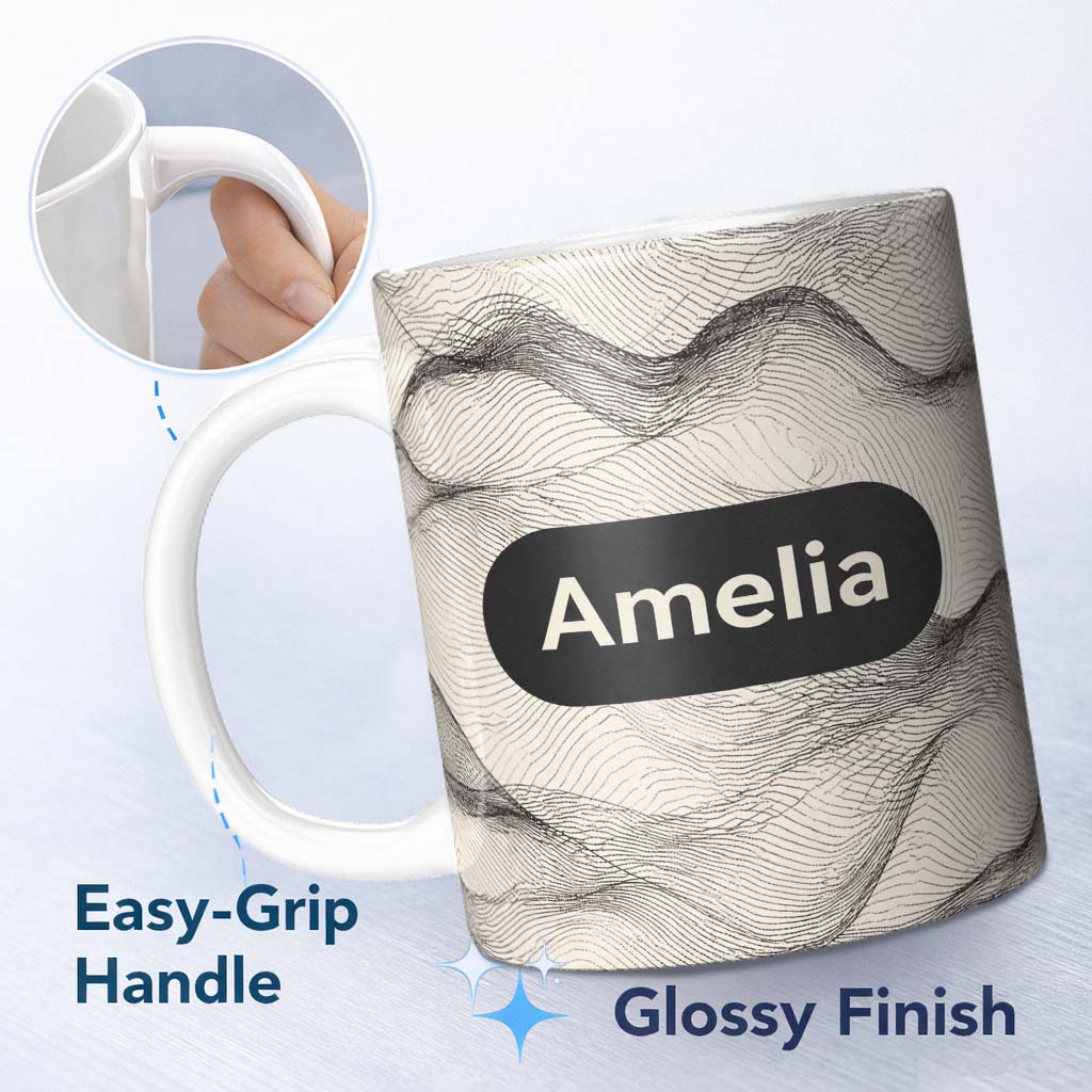 Personalized Custom Name Minimal Botanical Silhouettes Black Cream Leaf Pattern Lovely 11oz Ceramic Coffee Tea Mug White Large Handle