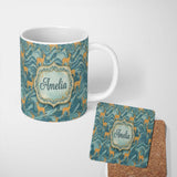 Personalized Custom Name Artistic Golden Antelope on Teal Fluid Background Seamless Pattern 11oz Ceramic Coffee Tea Mug White Large Handle