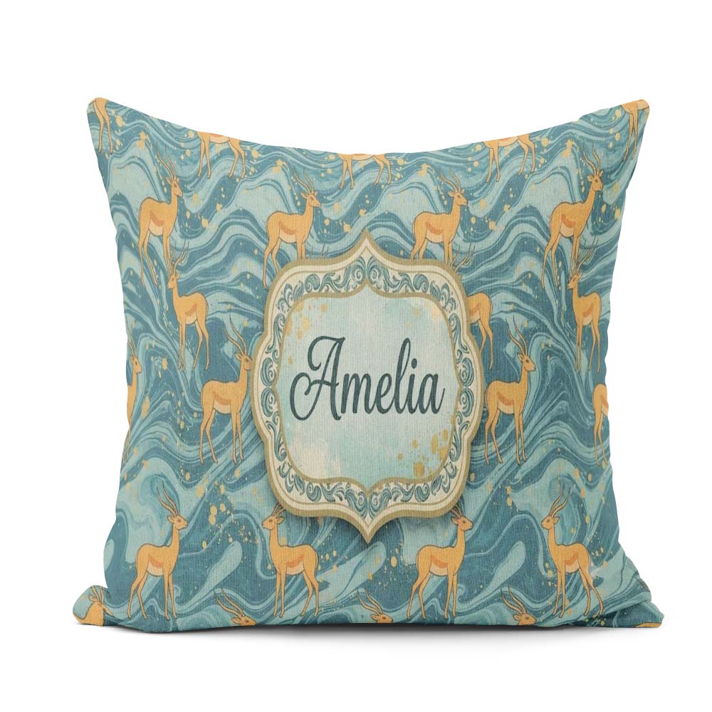 Custom Name Artistic Golden Antelope on Teal Background Seamless Square Filled Cushion Throw Pillow Sofa Bed Home Decor Zip Washable UK Made