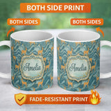 Personalized Custom Name Artistic Golden Antelope on Teal Fluid Background Seamless Pattern 11oz Ceramic Coffee Tea Mug White Large Handle