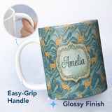Personalized Custom Name Artistic Golden Antelope on Teal Fluid Background Seamless Pattern 11oz Ceramic Coffee Tea Mug White Large Handle