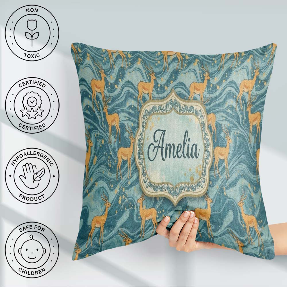 Custom Name Artistic Golden Antelope on Teal Background Seamless Square Filled Cushion Throw Pillow Sofa Bed Home Decor Zip Washable UK Made