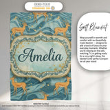 Artistic Golden Antelope on Teal Fluid Background Seamless Pattern  Personalised Custom Name Super Soft Fleece Blanket Bed Sofa Throw