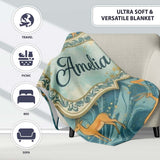 Artistic Golden Antelope on Teal Fluid Background Seamless Pattern  Personalised Custom Name Super Soft Fleece Blanket Bed Sofa Throw