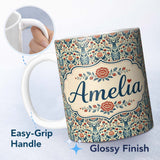 Personalized Custom Name Decorative Deer and Floral Folk Art Pattern Cream Background Name 11oz Ceramic Coffee Tea Mug White Large Handle