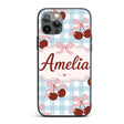 Cherry Bow Ribbon Cute Blue Gingham Picnic Check Custom Name Protective Phone Case Mobile Cover Durable Everyday Smartphone Shock Resistant