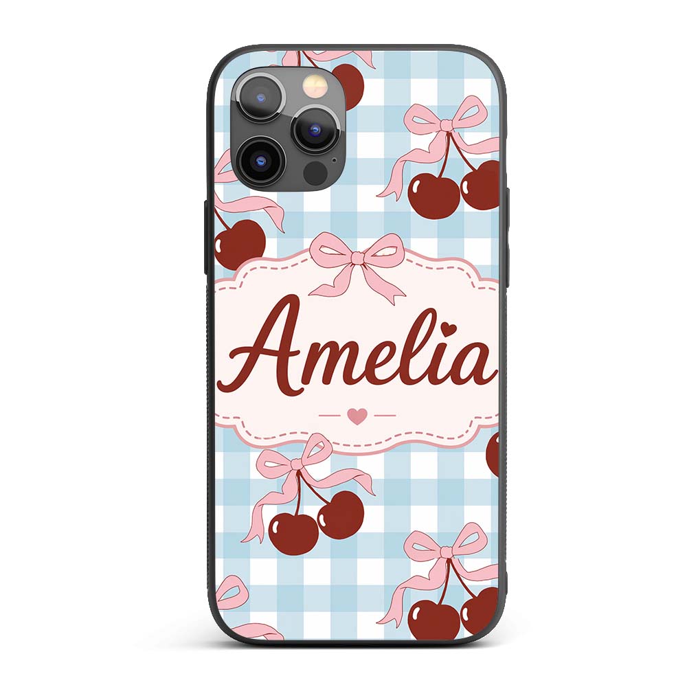 Cherry Bow Ribbon Cute Blue Gingham Picnic Check Custom Name Protective Phone Case Mobile Cover Durable Everyday Smartphone Shock Resistant