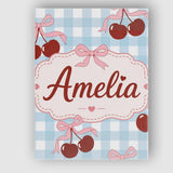 Personalised Name Cherry Bow Ribbon Cute Blue Gingham Picnic Check Custom  Unique Canvas Wall Art Print Decor Picture Ready to Hang