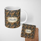 Personalized Custom Name Majestic Kudu Antelope with Golden Leaves Dark Blue Background 11oz Ceramic Coffee Tea Mug White Large Handle