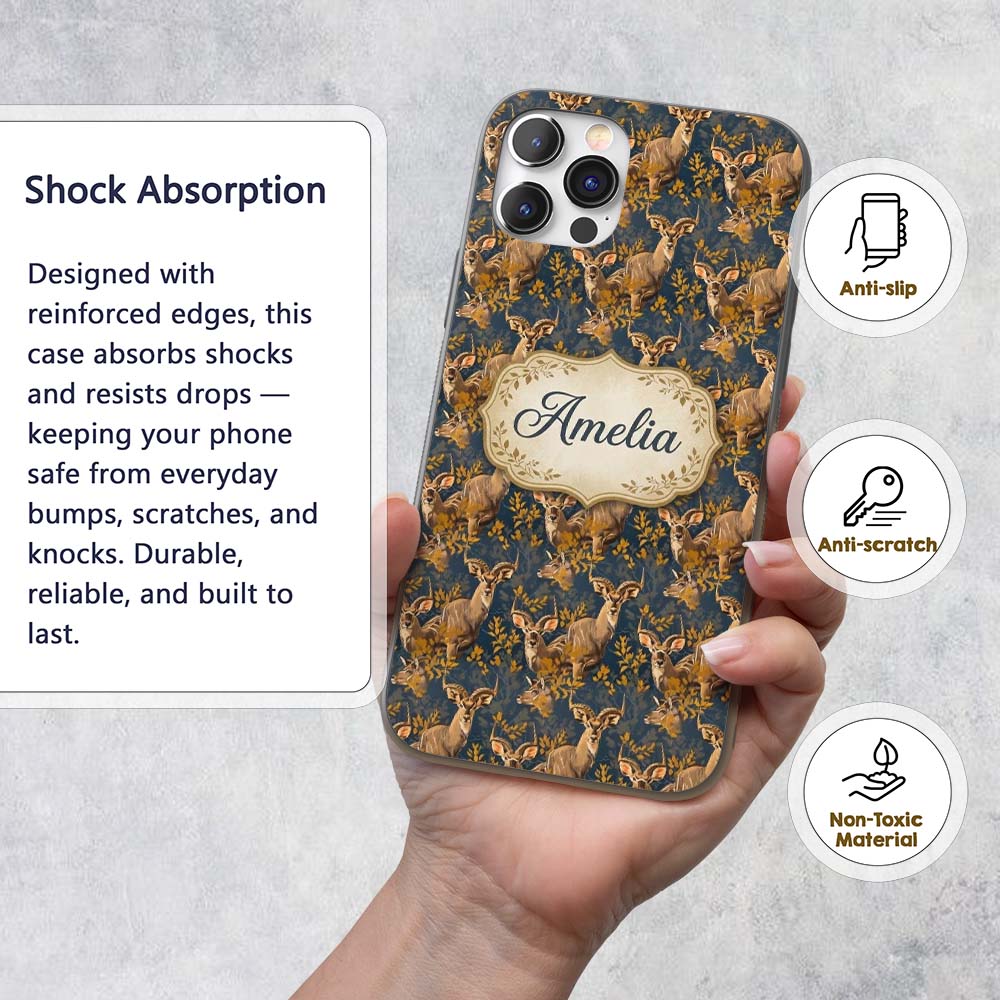 Majestic Kudu Antelope with Golden Leaves Dark Custom Name Protective Phone Case Mobile Cover Durable Everyday Smartphone Shock Resistant