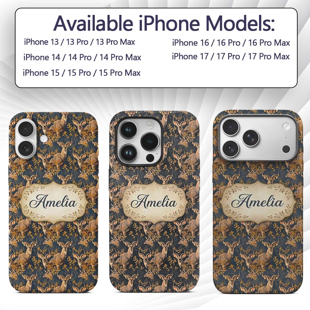 Majestic Kudu Antelope with Golden Leaves Dark Custom Name Protective Phone Case Mobile Cover Durable Everyday Smartphone Shock Resistant