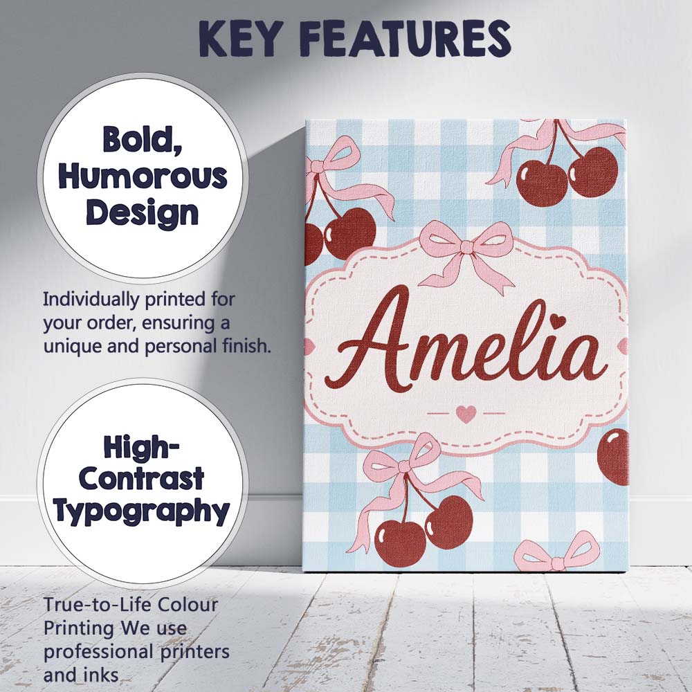 Personalised Name Cherry Bow Ribbon Cute Blue Gingham Picnic Check Custom  Unique Canvas Wall Art Print Decor Picture Ready to Hang