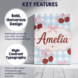Personalised Name Cherry Bow Ribbon Cute Blue Gingham Picnic Check Custom  Unique Canvas Wall Art Print Decor Picture Ready to Hang