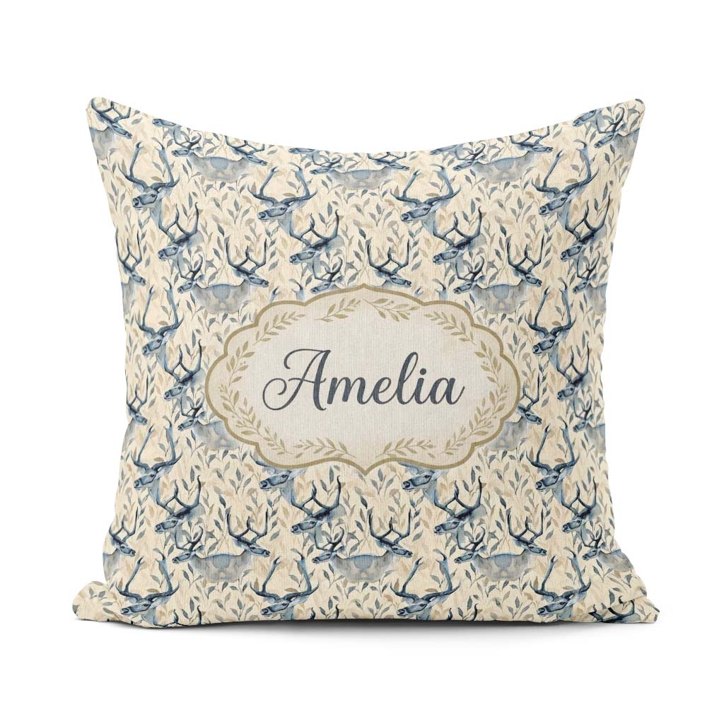 Custom Name Elegant Blue Deer with Leaves Soft Beige Background Square Filled Cushion Throw Pillow Sofa Bed Home Decor Zip Washable UK Made
