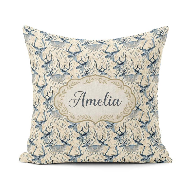 Custom Name Elegant Blue Deer with Leaves Soft Beige Background Square Filled Cushion Throw Pillow Sofa Bed Home Decor Zip Washable UK Made