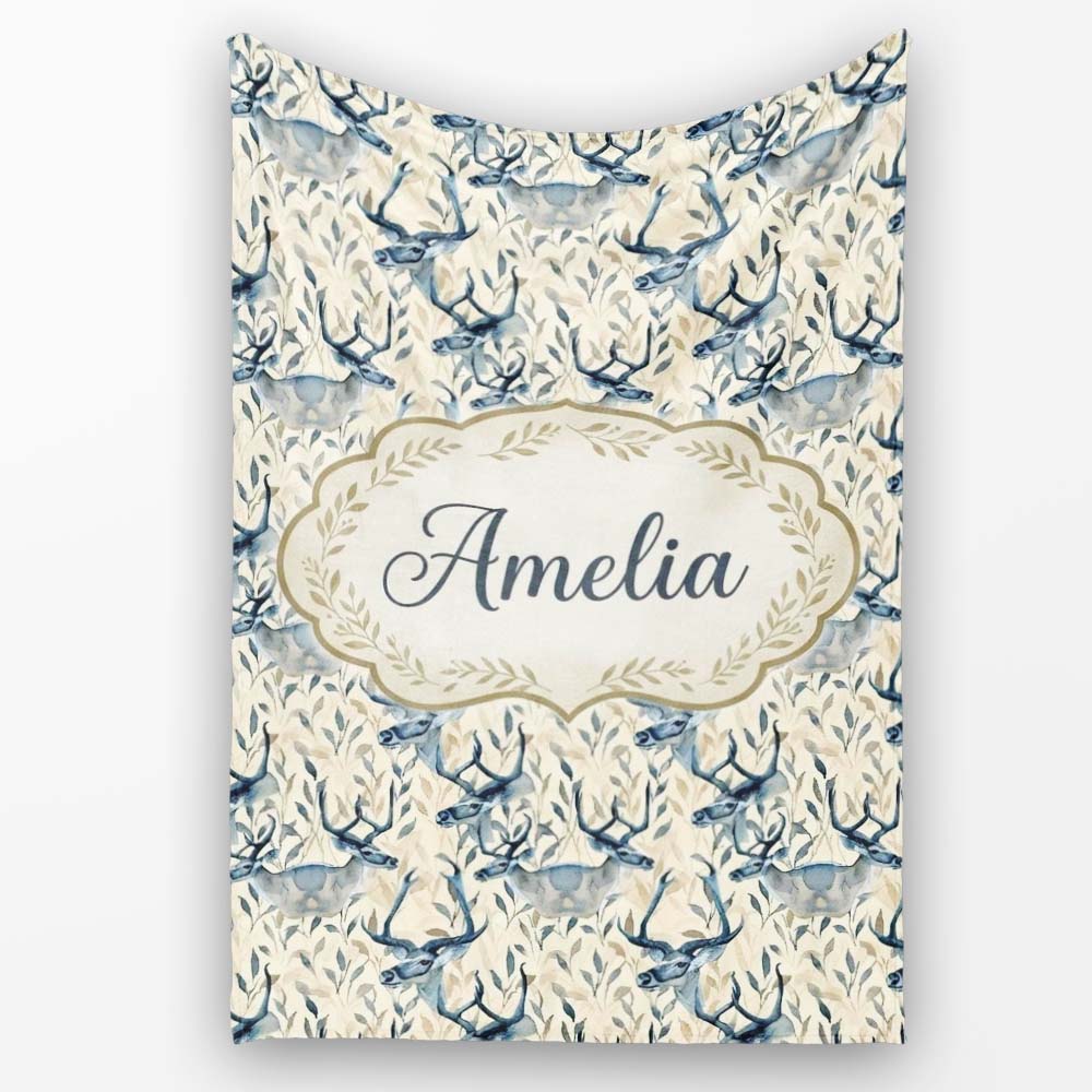 Elegant Blue Deer with Botanical Leaves Soft Beige Background  Personalised Custom Name Super Soft Fleece Blanket Bed Sofa Throw