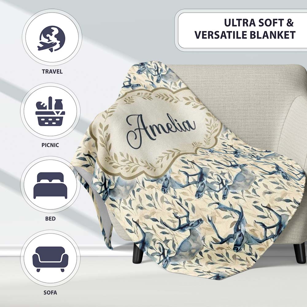 Elegant Blue Deer with Botanical Leaves Soft Beige Background  Personalised Custom Name Super Soft Fleece Blanket Bed Sofa Throw