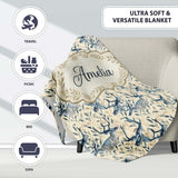 Elegant Blue Deer with Botanical Leaves Soft Beige Background  Personalised Custom Name Super Soft Fleece Blanket Bed Sofa Throw