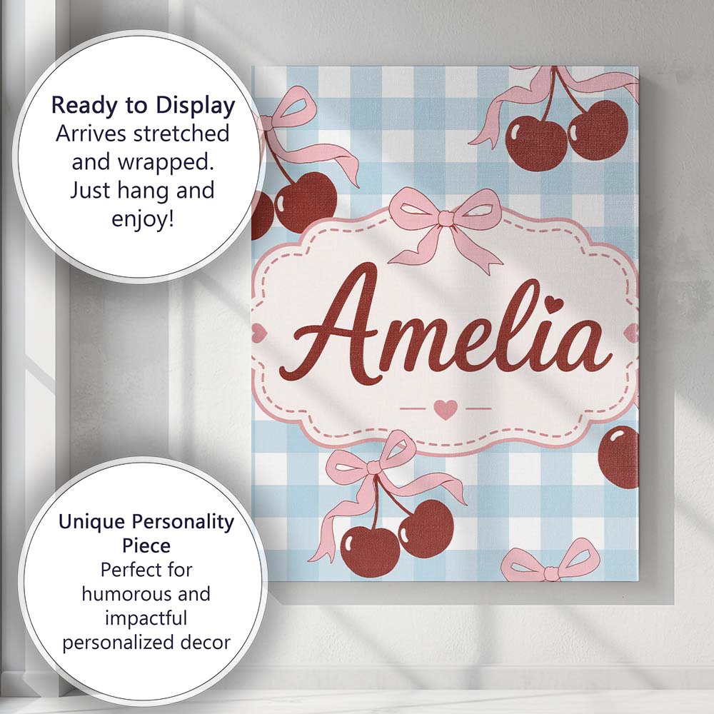 Personalised Name Cherry Bow Ribbon Cute Blue Gingham Picnic Check Custom  Unique Canvas Wall Art Print Decor Picture Ready to Hang