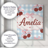 Personalised Name Cherry Bow Ribbon Cute Blue Gingham Picnic Check Custom  Unique Canvas Wall Art Print Decor Picture Ready to Hang