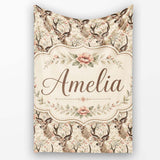 Vintage Deer Illustration with Floral Branche Cream Background  Personalised Custom Name Super Soft Fleece Blanket Bed Sofa Throw