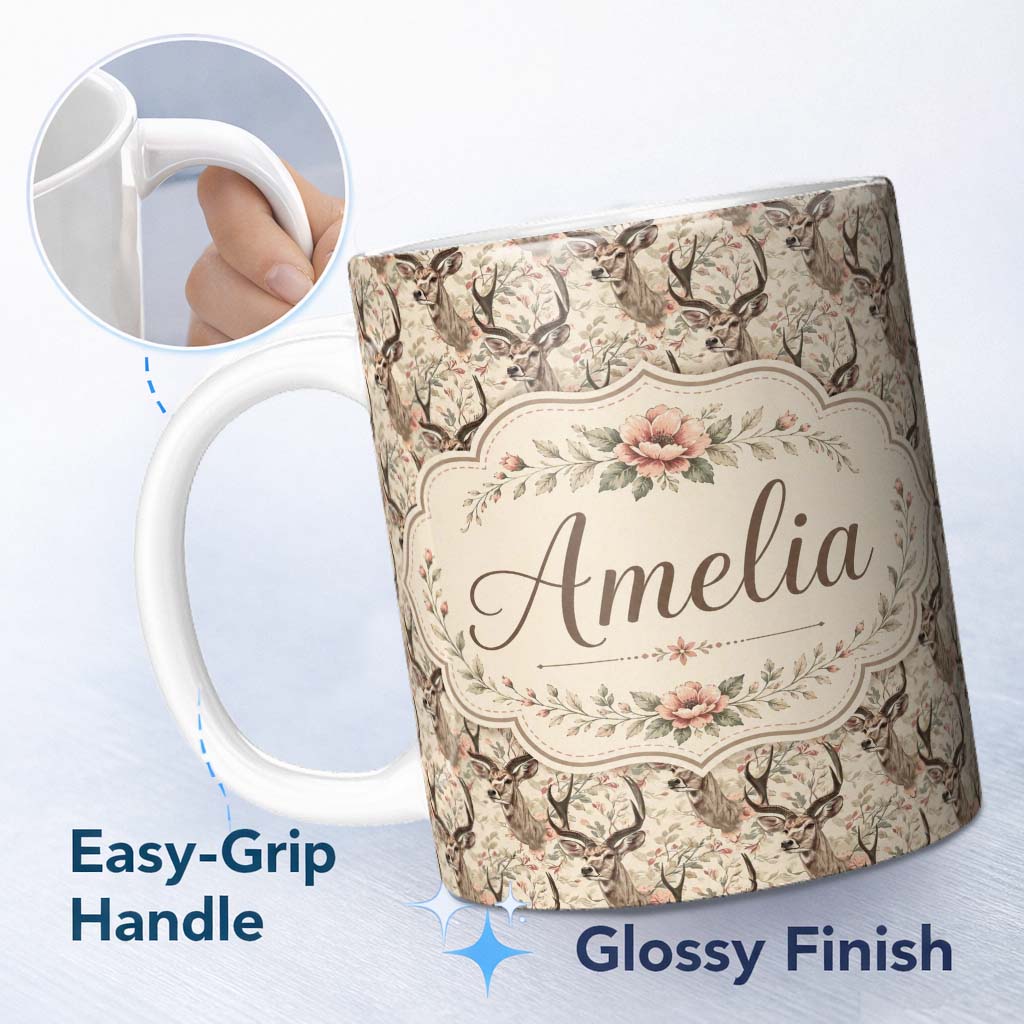 Personalized Custom Name Vintage Deer Illustration with Floral Branche Cream Background 11oz Ceramic Coffee Tea Mug White Large Handle