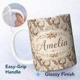 Personalized Custom Name Vintage Deer Illustration with Floral Branche Cream Background 11oz Ceramic Coffee Tea Mug White Large Handle
