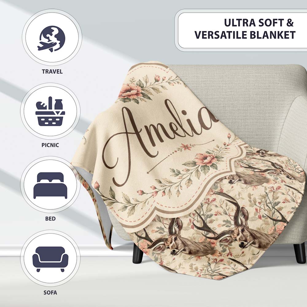 Vintage Deer Illustration with Floral Branche Cream Background  Personalised Custom Name Super Soft Fleece Blanket Bed Sofa Throw