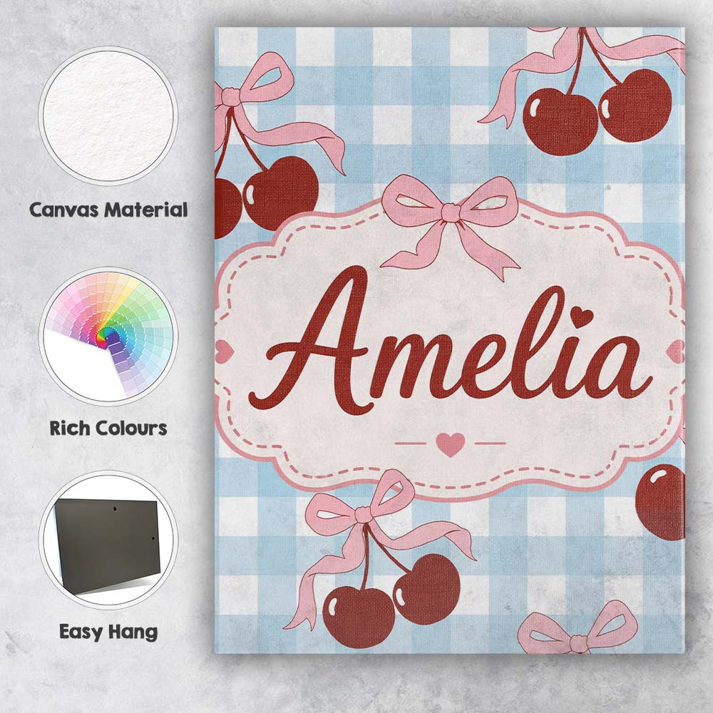 Personalised Name Cherry Bow Ribbon Cute Blue Gingham Picnic Check Custom  Unique Canvas Wall Art Print Decor Picture Ready to Hang
